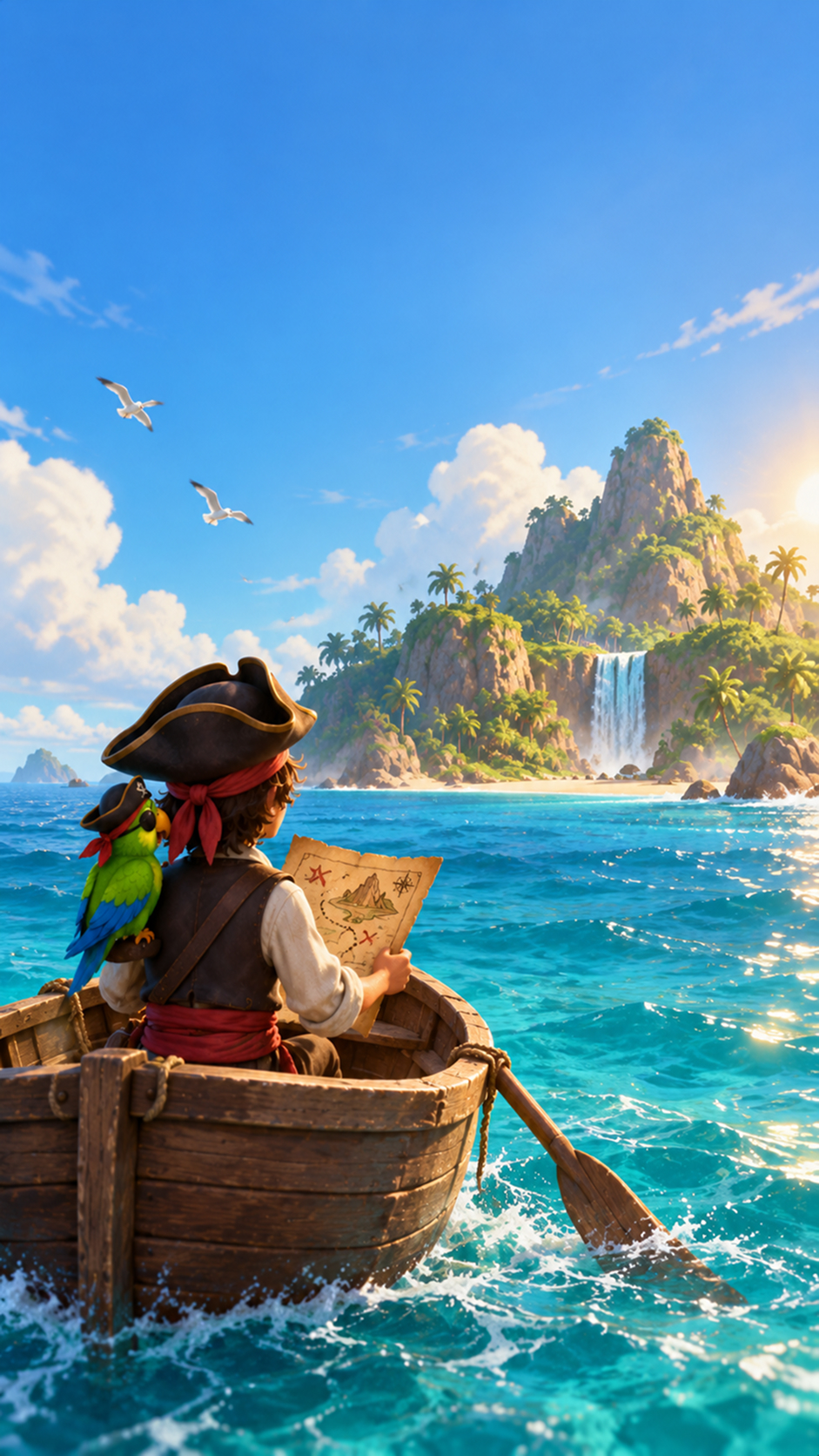 A pirate rows toward a palm island, treasure map in hand.